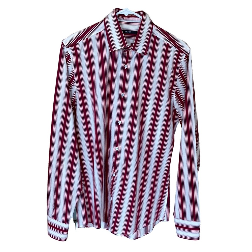 Gucci 100% cotton burgundy striped collared button-down